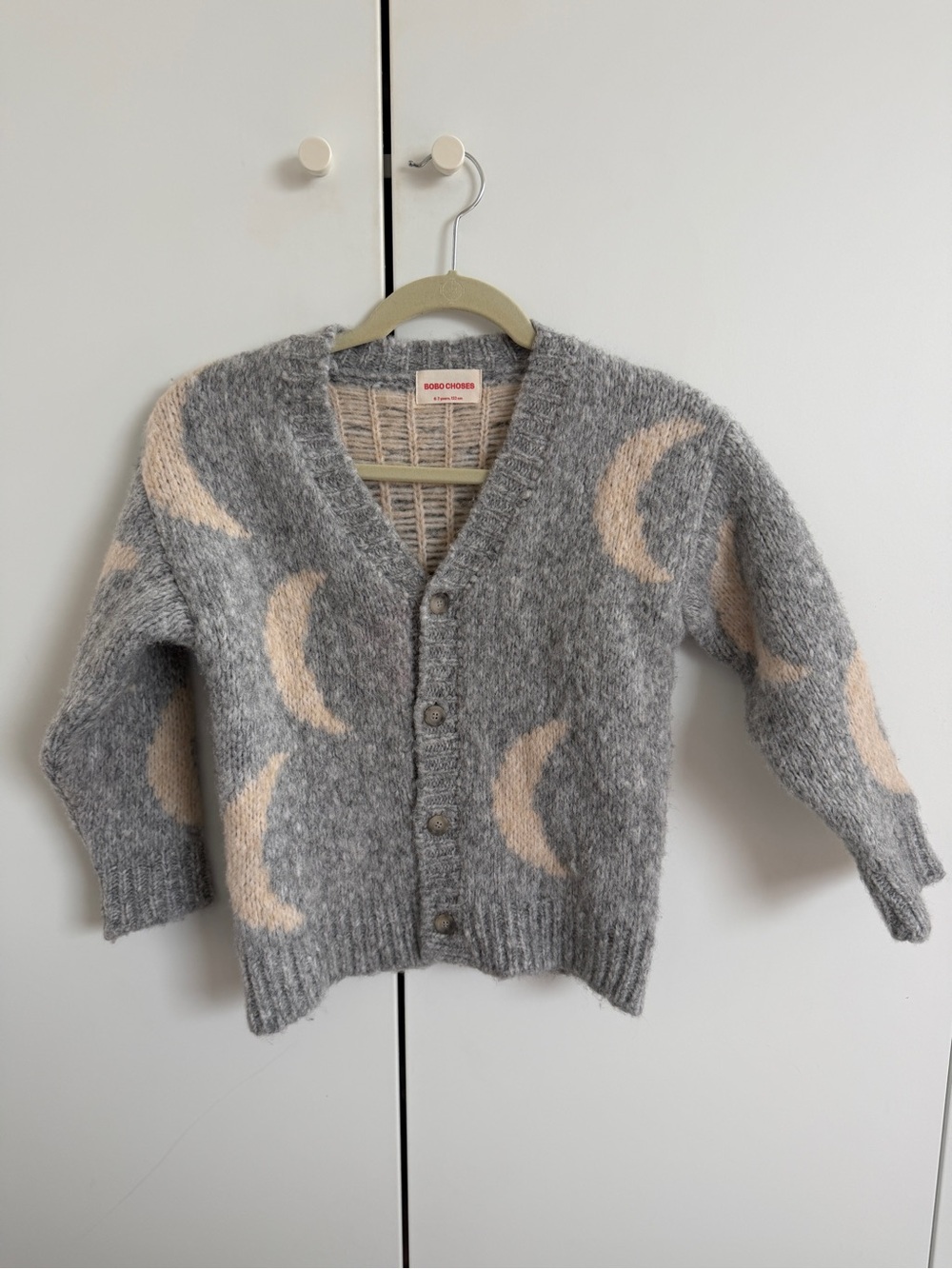 Bobo Choses Grey Cardigan with Pale Pink Moon Motif